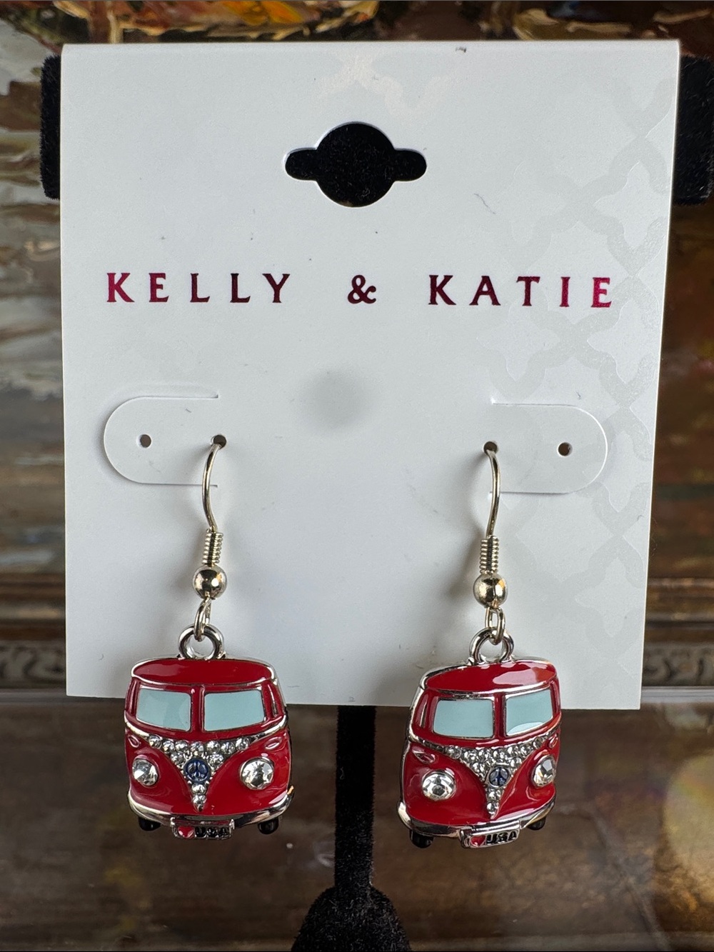 0567-Kelly & Katie Red VW Bus Earrings with Light Blue Windshields